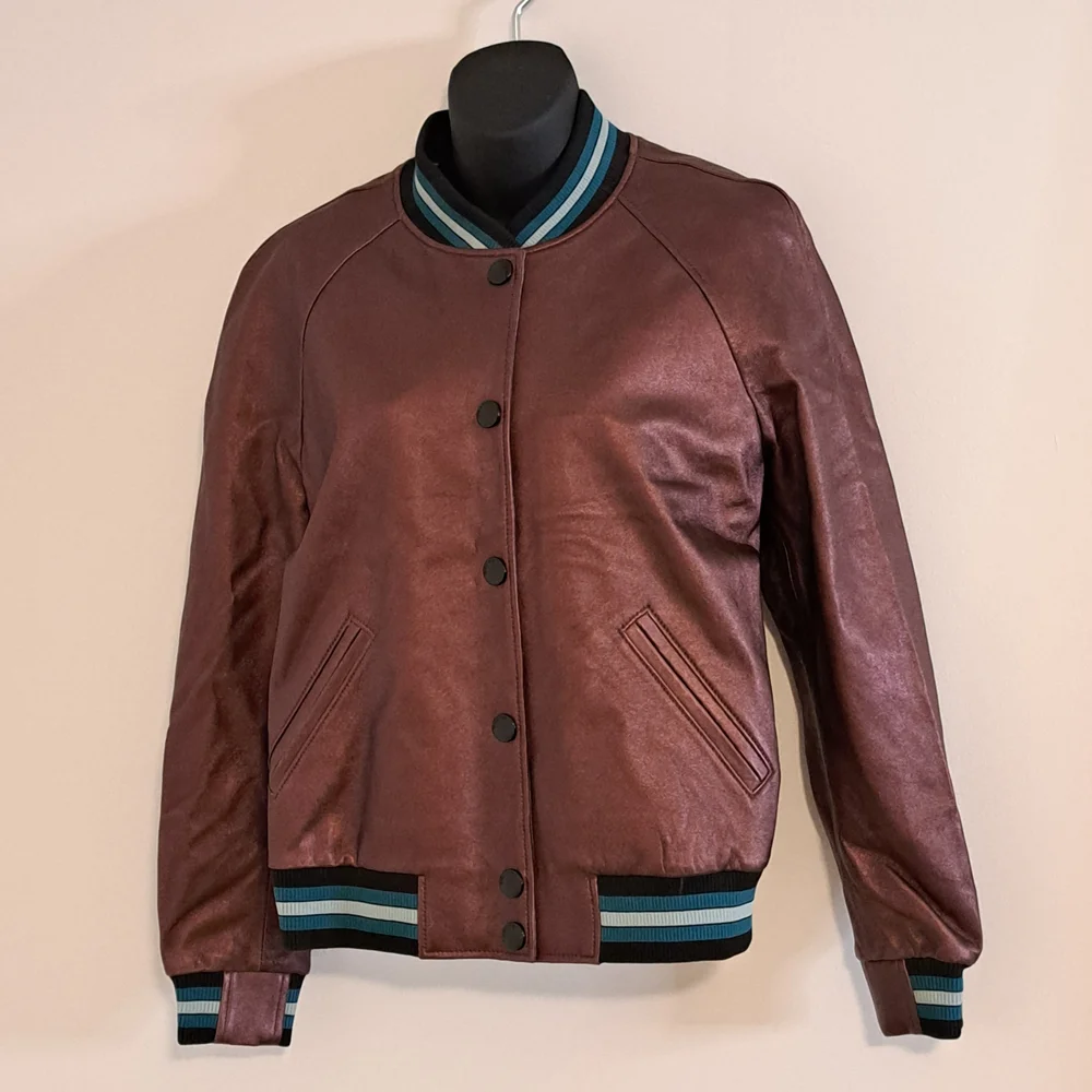 Coach Rexy Leather Varsity Jacket With Athletic Stripe Accents Misses Size Small